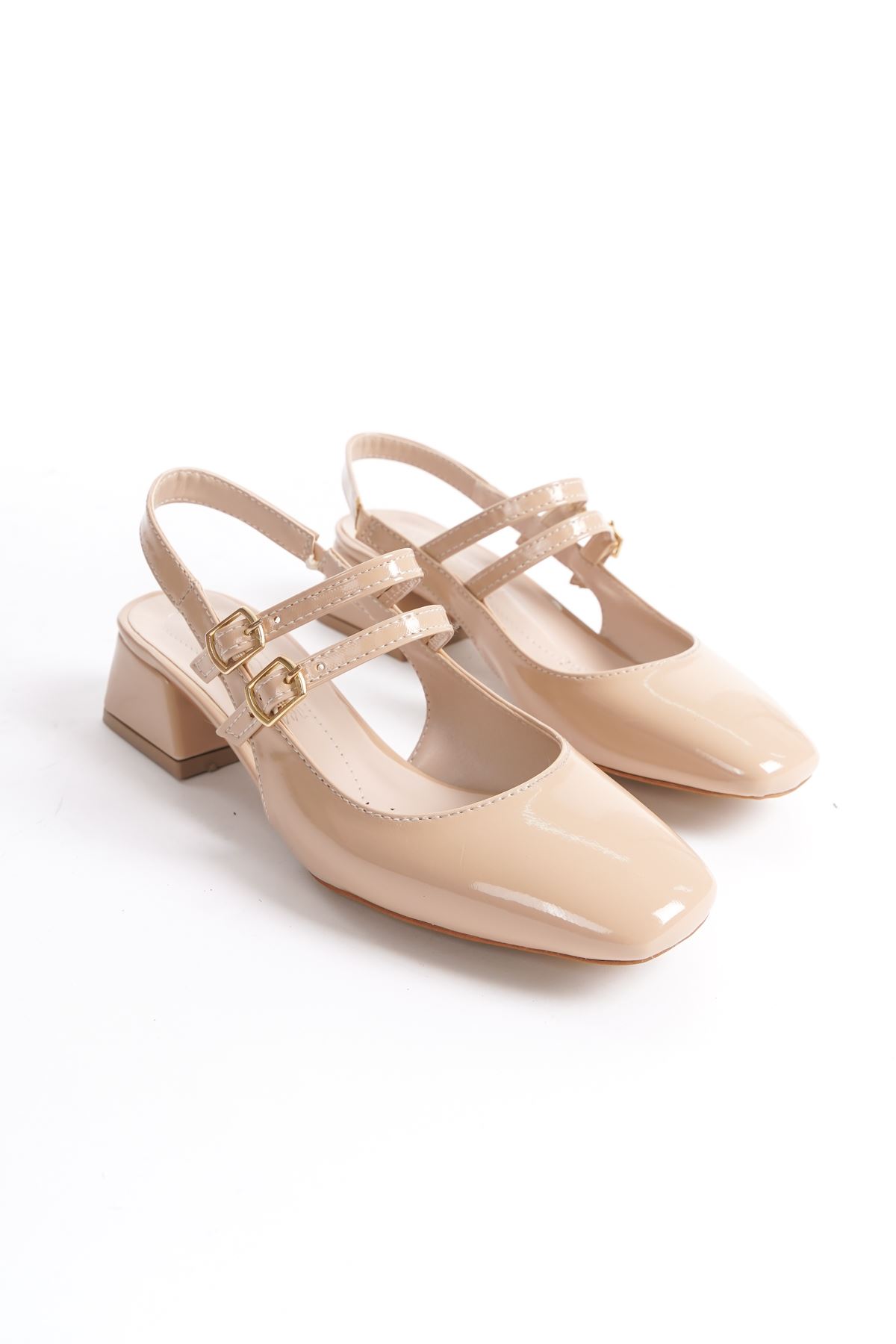 Astrid; KremRugan ,Baretli Tokalı,Arkası Açık Klasik Topuklu Ayakkabı 