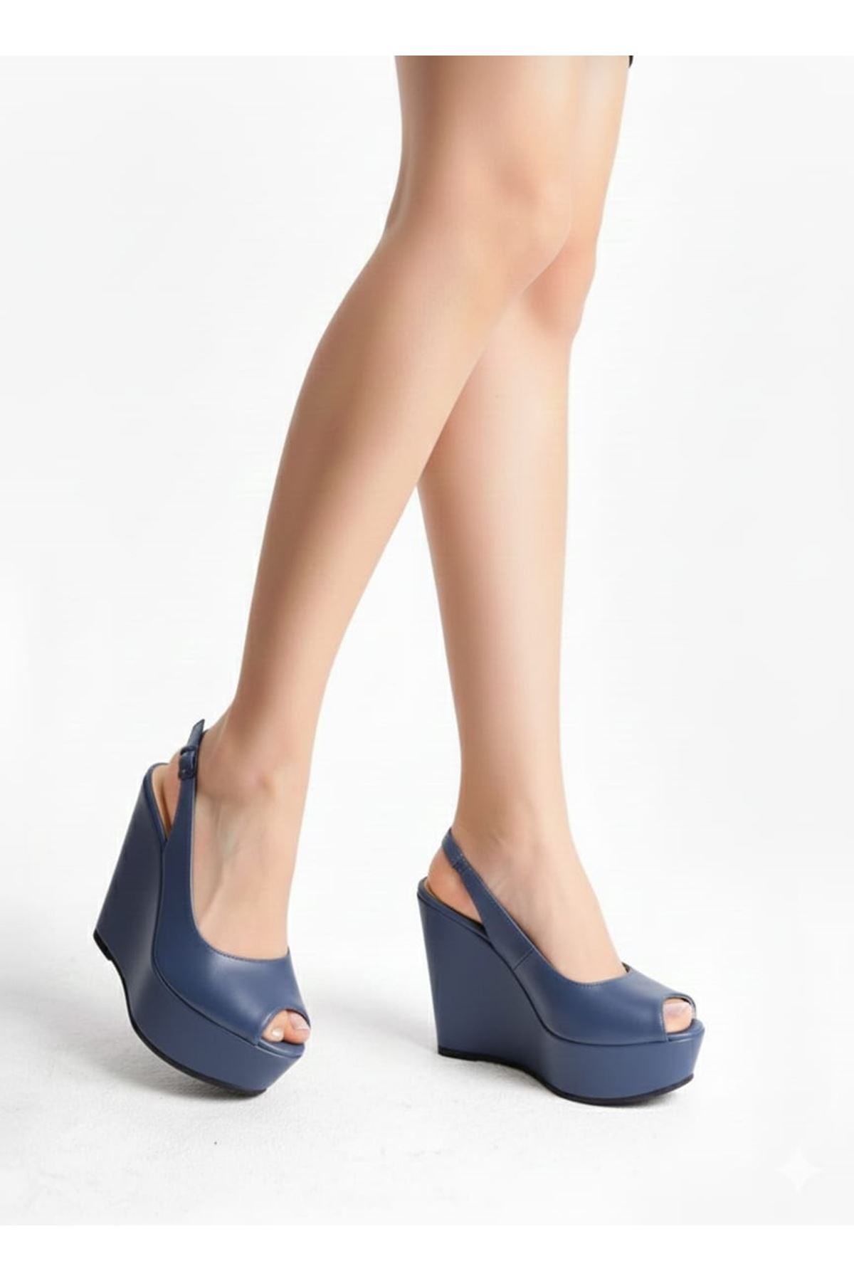 Perla;Lacivert Mat Deri ,12 cm Dolgu Topuklu Ayakkabı 
