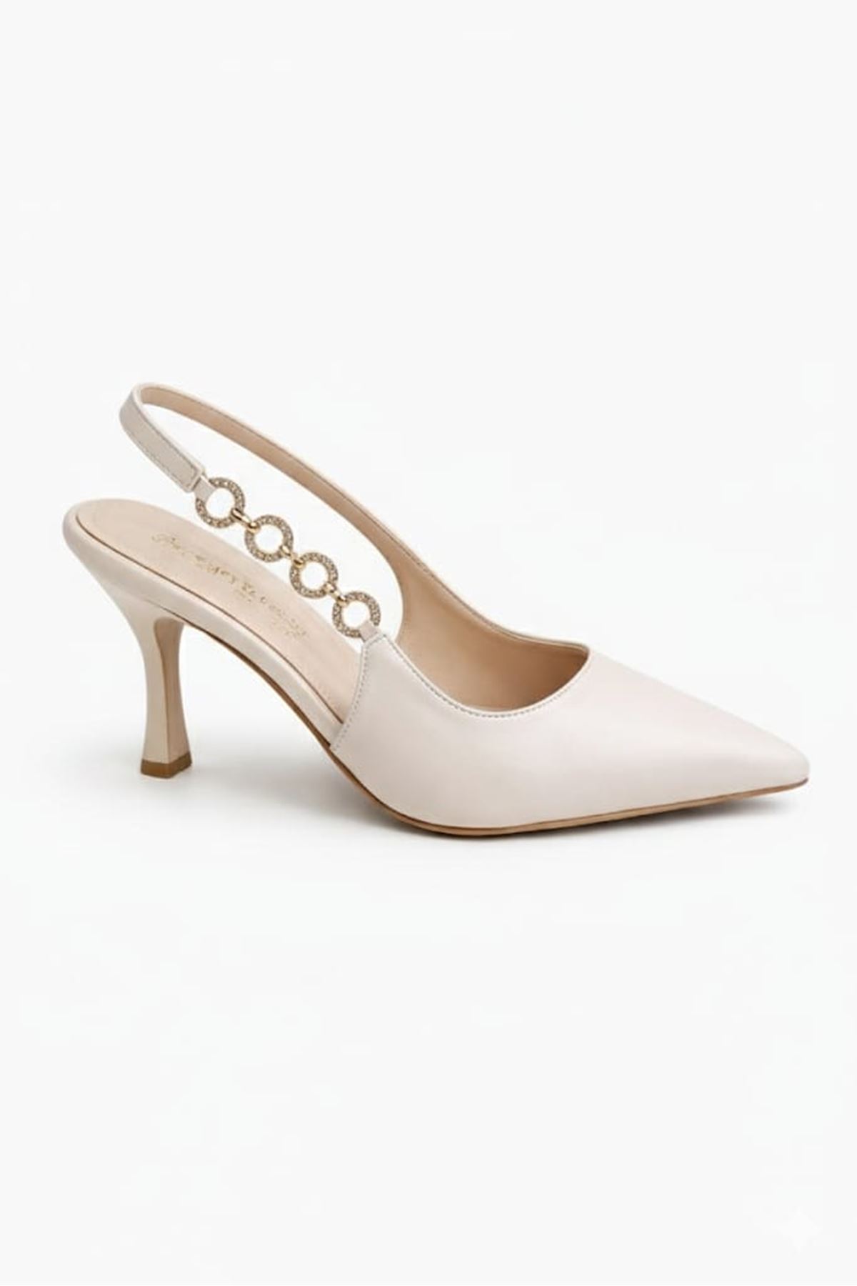 Jasmin; Krem Bej ,Taşlı Toka Detaylı,9 cm Topuklu Arkası Açık Klasik İnce Topuklu Stiletto 