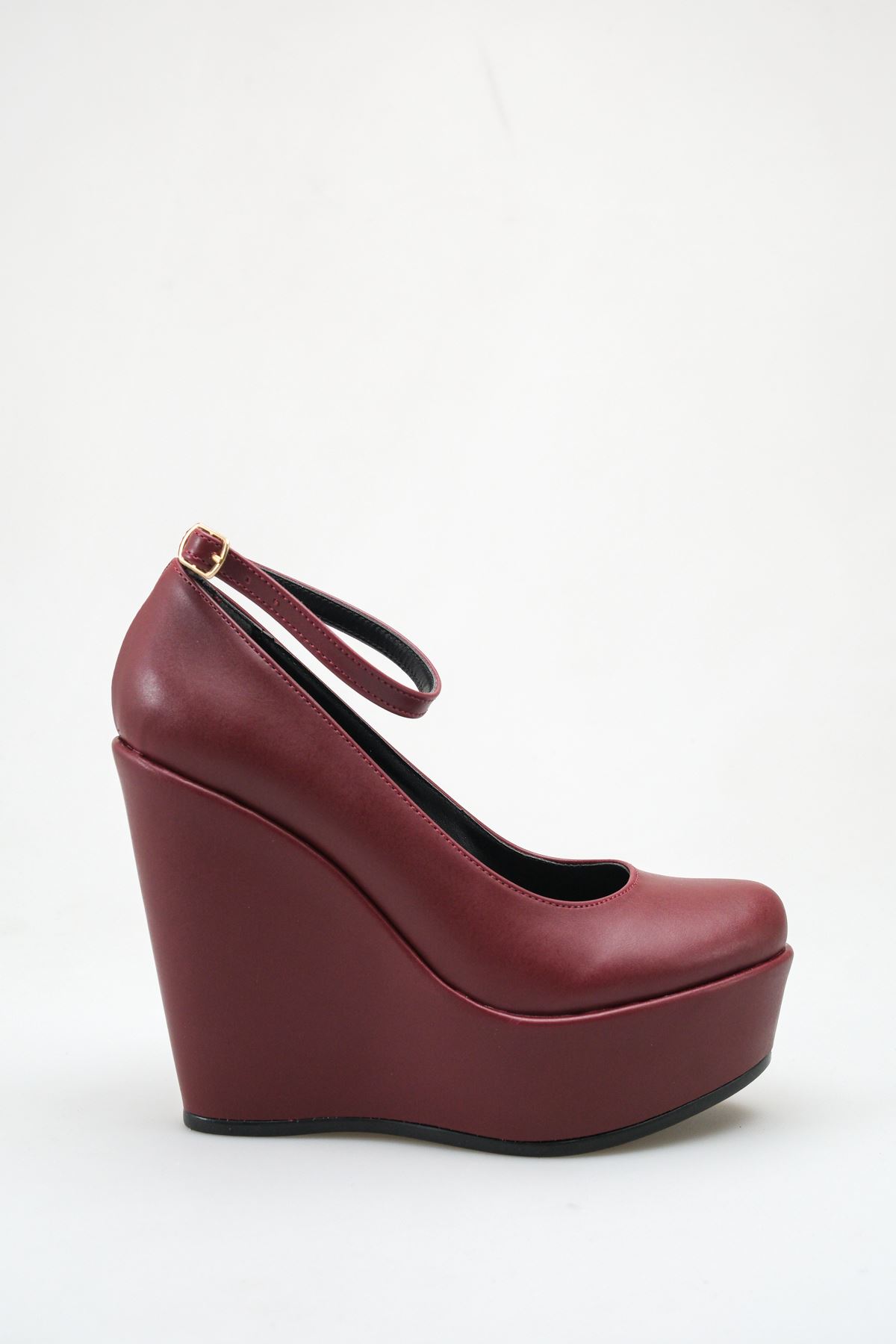 Orion; Bordo Mat Deri,Çıkarılabilir Baretli 12 cm Dolgu Topuklu Ayakkabı 