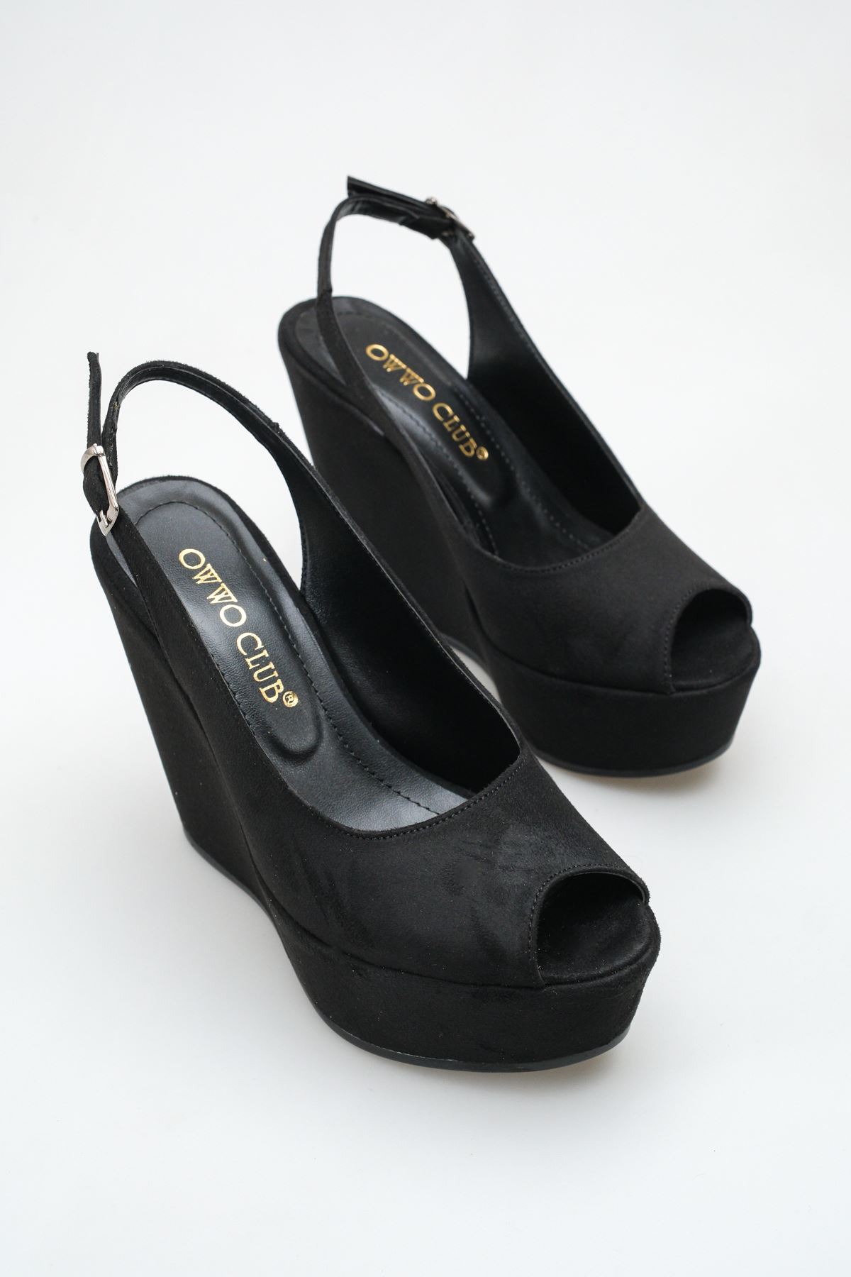 Perla;Siyah Süet ,12 cm Dolgu Topuklu Ayakkabı 