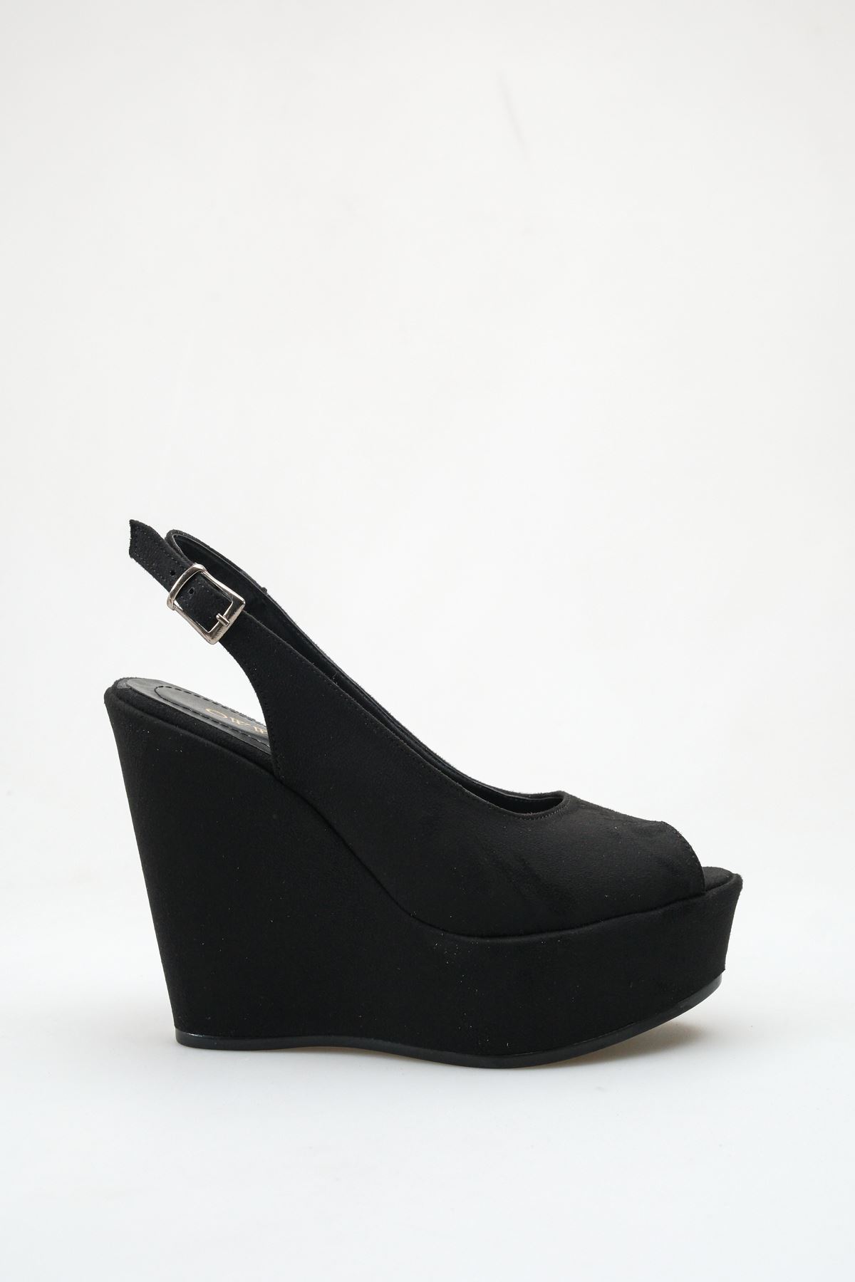 Perla;Siyah Süet ,12 cm Dolgu Topuklu Ayakkabı 