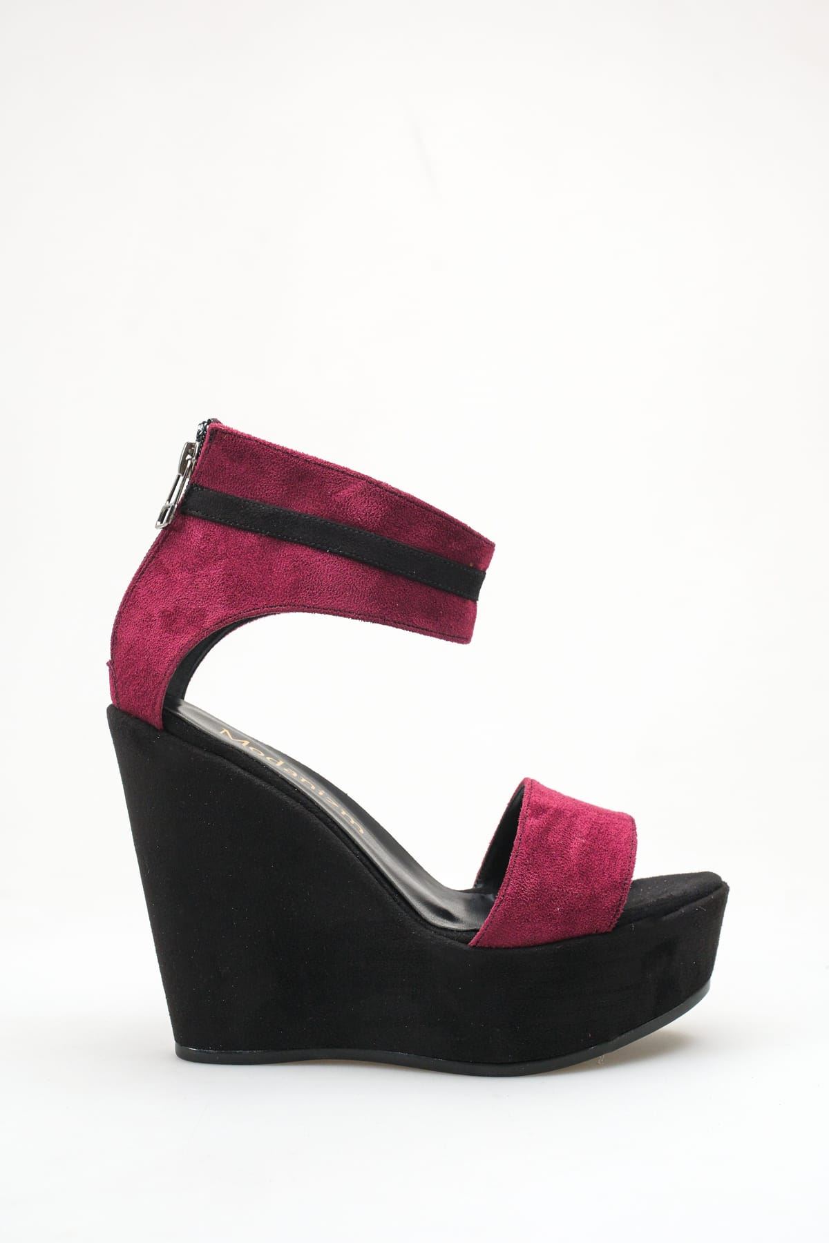 Loren; Bordo Süet ,Arkadan Fermuarlı 12 cm Dolgu Topuklu Ayakkabı 