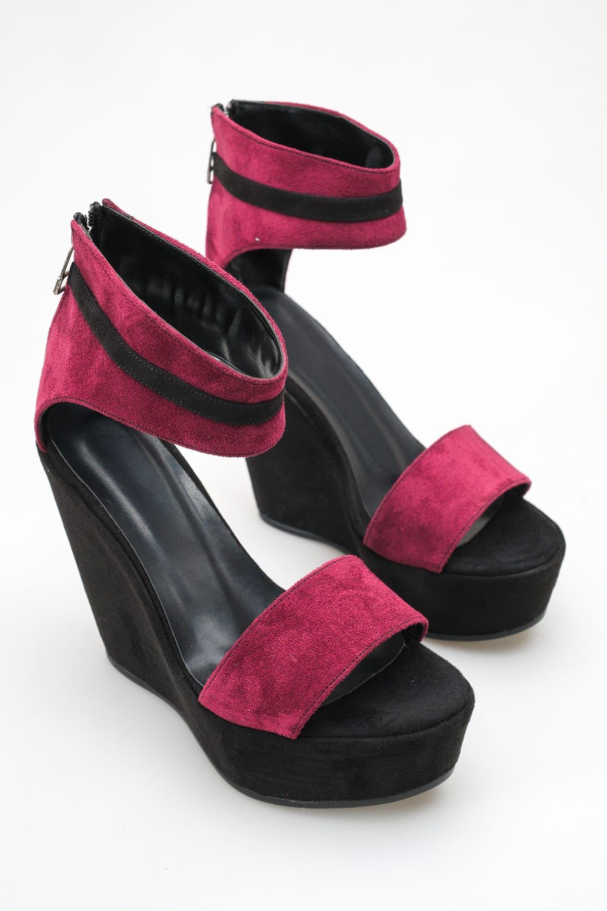 Loren; Bordo Süet ,Arkadan Fermuarlı 12 cm Dolgu Topuklu Ayakkabı 