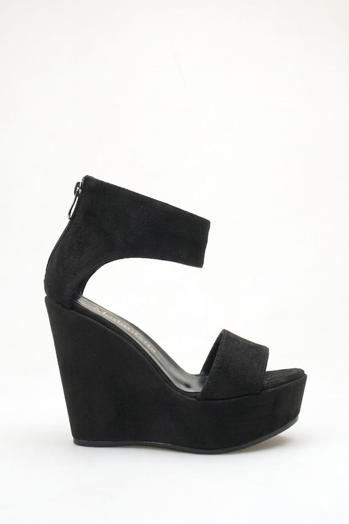 Loren; Siyah Süet ,Arkadan Fermuarlı 12 cm Dolgu Topuklu Ayakkabı