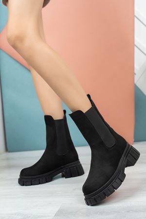 Emery; Siyah Süet,Lastikli Kalın Tabanlı Kadın Bot