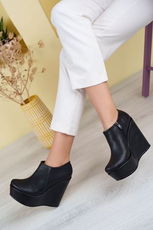 Amanda; Siyah Cilt,12 cm Dolgu Topuklu Kadın Bot