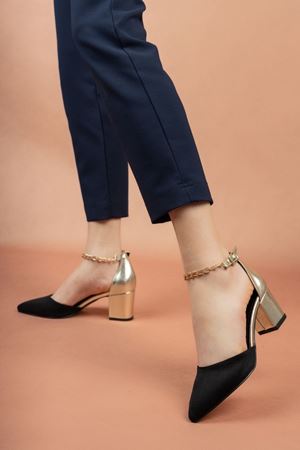 Aria;Siyah Süet-Dore Bilekten Zincirli Klasik Topuklu Ayakkabı