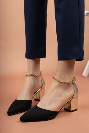 Aria;Siyah Süet-Dore Bilekten Zincirli Klasik Topuklu Ayakkabı