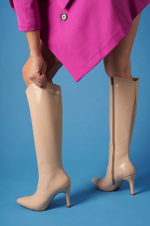 Siona; Krem,Krokodil Desenli,İnce Topuklu Kadın Çizme