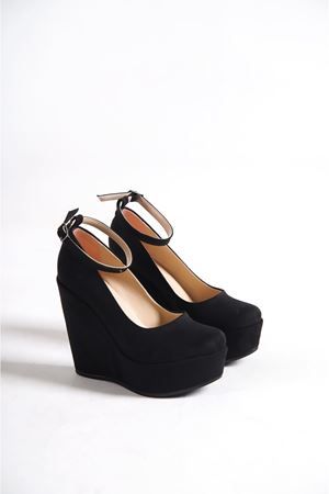 Orion; Siyah Süet, Bilekten Baretli,12 cm Dolgu Topuklu Ayakkabı  