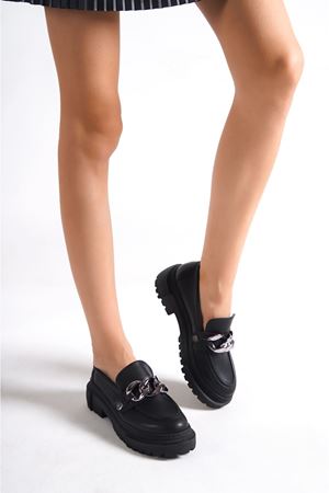 Lima;Siyah Mat Deri,Değiştirilebilir Toka Detaylı Kalın Tabanlı Oxford Ayakkabı  