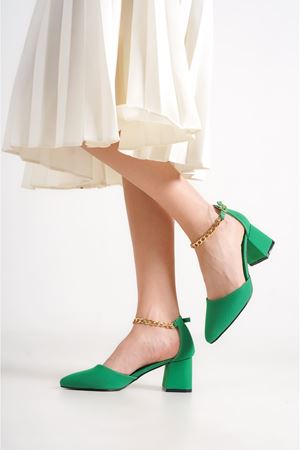 Aria;Yeşil Saten, Bilekten Zincirli, Klasik Topuklu Ayakkabı 