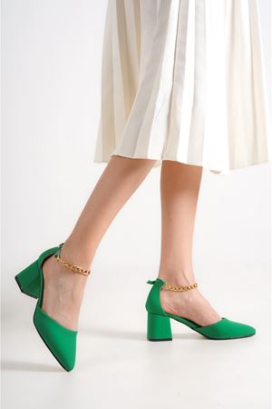 Aria;Yeşil Saten, Bilekten Zincirli, Klasik Topuklu Ayakkabı 