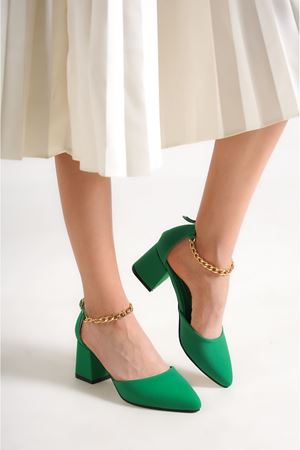 Aria;Yeşil Saten, Bilekten Zincirli, Klasik Topuklu Ayakkabı 