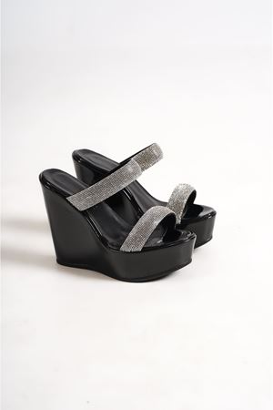 Sunny,Siyah,Taş Detaylı12 cm  Dolgu Topuklu Kadın Terlik