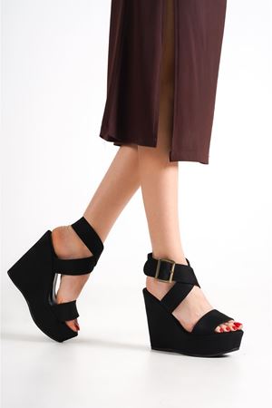 Dixie,Siyah Süet,Toka Detaylı,12 cm  Dolgu Topuklu Ayakkabı 