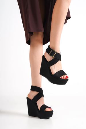 Dixie,Siyah Süet,Toka Detaylı,12 cm  Dolgu Topuklu Ayakkabı 