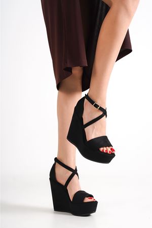 Alessi;Siyah Süet Süet ,12 cm Dolgu Topuklu Ayakkabı