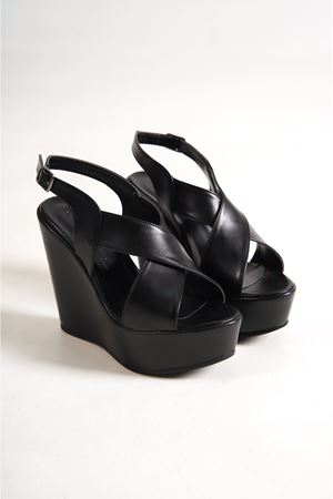 Ester; Siyah Mat Deri ,12 cm Dolgu Topuklu Ayakkabı 