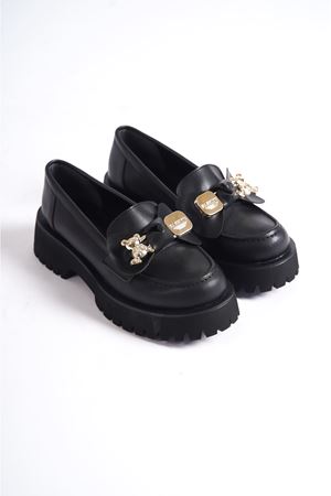 Edith;Siyah Cilt,Fiyonk Toka Detaylı Kalın Tabanlı Oxford Ayakkabı