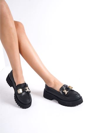 Edith;Siyah Cilt,Fiyonk Toka Detaylı Kalın Tabanlı Oxford Ayakkabı