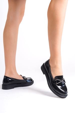 Ramy;Siyah Rugan,Taşlı Fiyonk Detaylı Kalın Tabanlı Oxford Ayakkabı