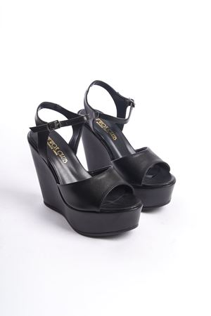 Ribona;Siyah Mat Deri Arkası Açık ,12 cm Dolgu Topuklu Ayakkabı 