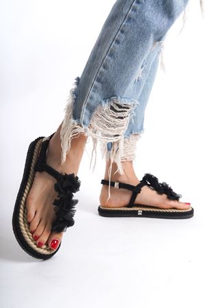 Rose;Siyah,Halat İpli Kaymaz Tabanlı Sandalet 