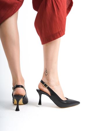 Rossie; Kadın,Siyah Mat Deri,Arkası Açık Klasik İnce Topuklu Stiletto