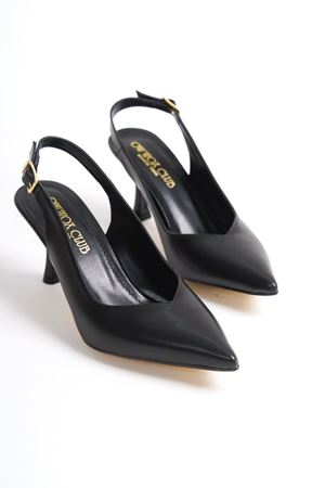 Rossie; Kadın,Siyah Mat Deri,Arkası Açık Klasik İnce Topuklu Stiletto