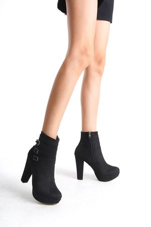 Fiona;Siyah Süet Tokalı,10 cm Topuklu Platformlu,Yüksek  Bot