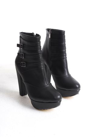 Fiona;Siyah Mat Deri,Tokalı,10 cm Topuklu Platformlu,Yüksek  Bot
