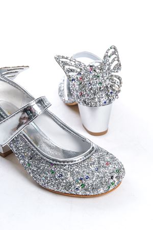 Butterfly;Gümüş,Kelebek Aksesuarlı Klasik Topuklu Çocuk Ayakkabısı