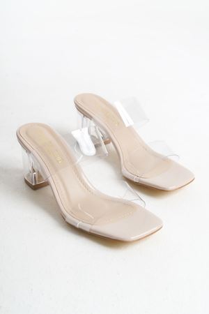 Bloom; Krem, Şeffaf Bantlı, 7 cm Topuklu Kadın Terlik
