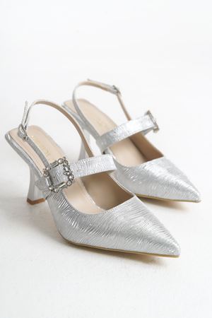 Jeni; Kadın,Gümüş , Taşlı Tokalı 9 cm İnce Topuklu Abiye Ayakkabı 