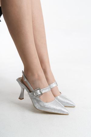 Jeni; Kadın,Gümüş , Taşlı Tokalı 9 cm İnce Topuklu Abiye Ayakkabı 