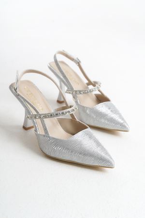 Moja; Kadın,Gümüş , Taşlı Biyeli9 cm İnce Topuklu Abiye Ayakkabı  