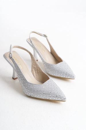 Bianca; Kadın,Gümüş , Taşlı Detaylı 9 cm İnce Topuklu Abiye Ayakkabı  