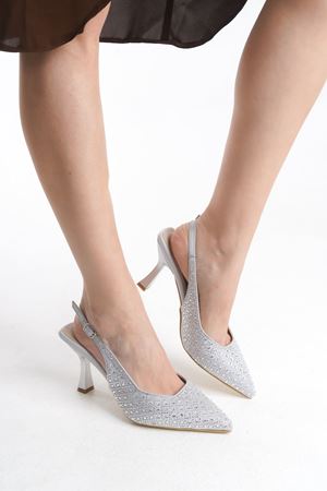 Bianca; Kadın,Gümüş , Taşlı Detaylı 9 cm İnce Topuklu Abiye Ayakkabı  