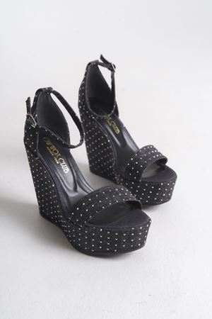 Miranda; Siyah Kot ,Taş Detaylı 12 cm Dolgu Topuklu Ayakkabı 