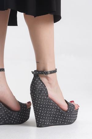 Miranda; Siyah Kot ,Taş Detaylı 12 cm Dolgu Topuklu Ayakkabı 