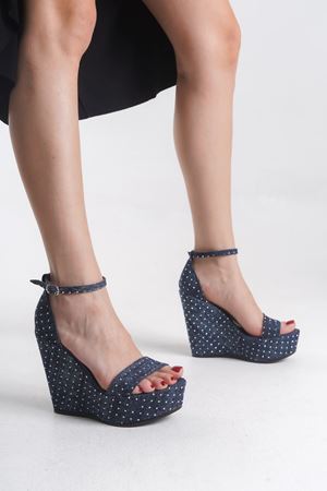 Miranda; Mavi Kot ,Taş Detaylı 12 cm Dolgu Topuklu Ayakkabı 