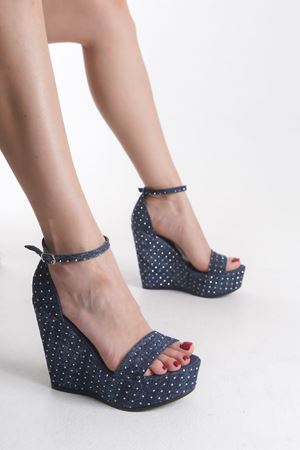 Miranda; Mavi Kot ,Taş Detaylı 12 cm Dolgu Topuklu Ayakkabı 