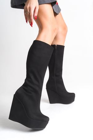 Bounty ; Siyah Süet ,12 cm Dolgu Topuklu Kadın Çizme 
