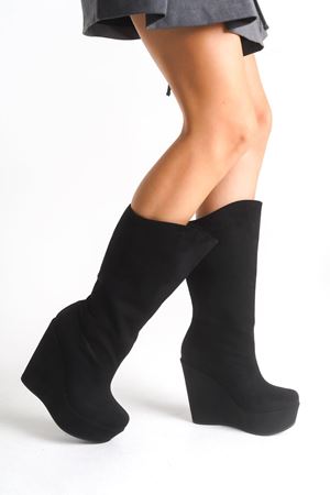 Beatrice ; Siyah Süet ,12 cm Fermuarsız  Dolgu Topuklu  Kadın Çizme 