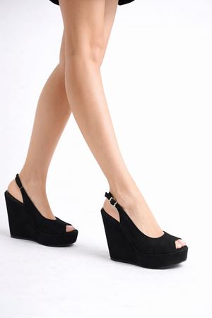 Perla;Siyah Süet ,12 cm Dolgu Topuklu Ayakkabı 