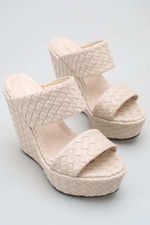 Merlin; Krem-Nude,12 cm Örgü Detaylı Dolgu Topuklu Kadın Terlik